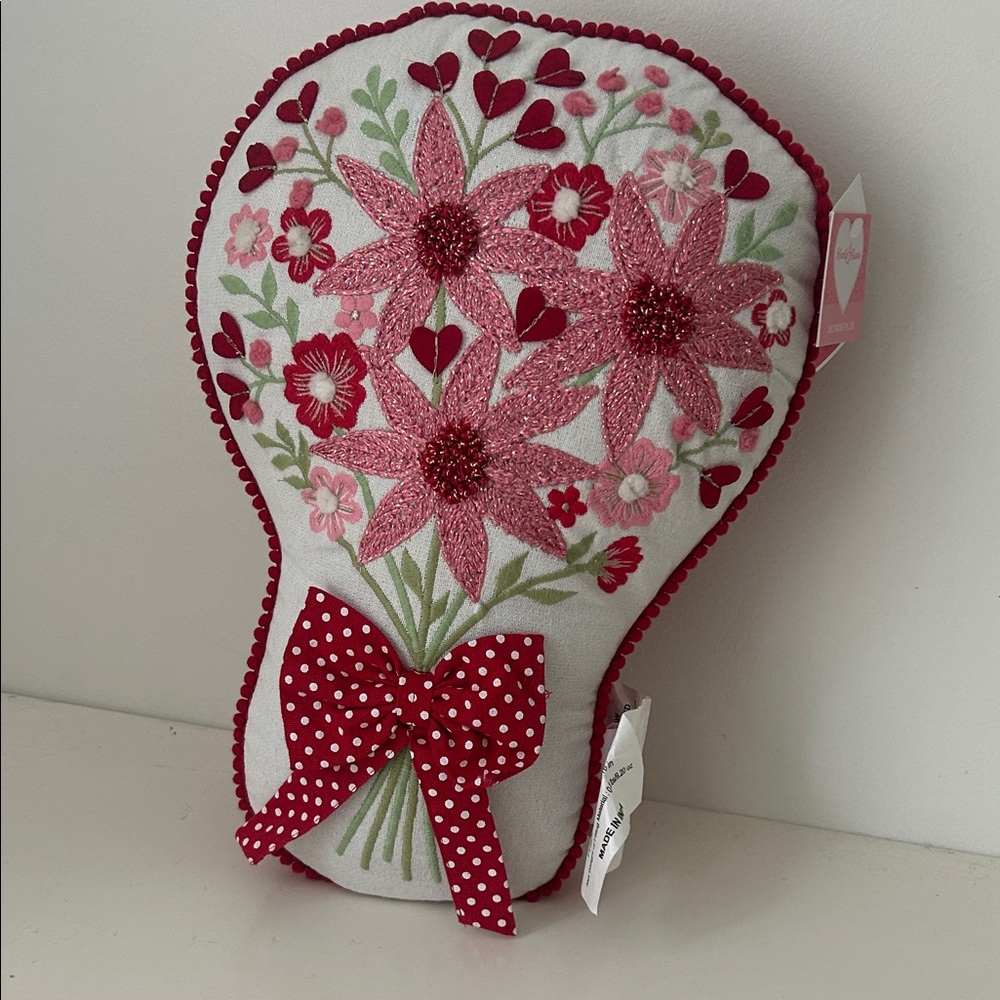 Embroidered Floral Decorative Pillow W Polka Dot Bow Graduation Bouquet Gift